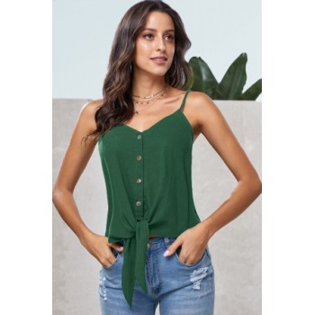 Black Buttoned Knot Front Slip Tank Green Gray White